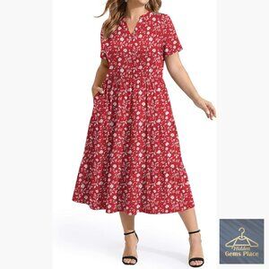 Plus Size Midi Dress with Pockets, V-Neck Short Sleeve Flowy A-Line Tiered